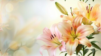 Beautiful blooming lily flower minimalist fantasy background, A bouquet of lilies in a vase in daylight, fresh light pink yellow white color lily flower poster nature background,