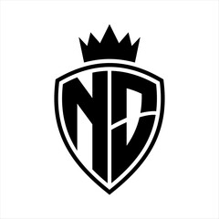 NO Letter monogram shield and crown outline shape with black and white color design