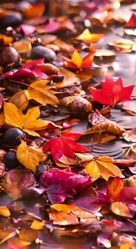 colorful autumn leaves in moving water on the ground, an atmospheric and calming autumn atmosphere, vertical video 
