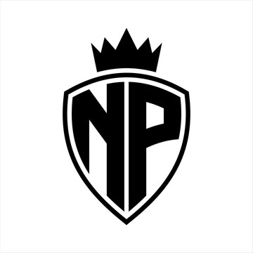 recommend clip art: NP Letter monogram shield and crown outline shape with black and white color design