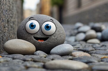 Gray smooth smiling Pet rock with googly eyes stuck to it on urban street background. The concept of hobbies, caring for pets, fighting loneliness and stress, traveling together. AI generated