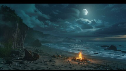 A tranquil beachside scene bathed in the soft glow of moonlight, with a bonfire burning brightly as friends gather around to celebrate a birthday.

