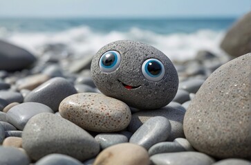 Gray smooth smiling Pet rock with googly eyes stuck to it on ocean background. The concept of hobbies, caring for pets, fighting loneliness and stress, traveling together. AI generated