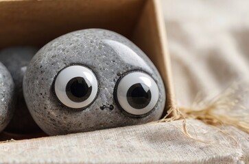 Gray smooth sad Pet rock with googly eyes stuck to it in gift box. The concept of hobbies, caring for pets, fighting loneliness and stress, traveling together. AI generated