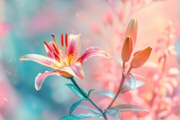 Fototapeta premium Beautiful blooming lily flower minimalist fantasy background, A bouquet of lilies in a vase in daylight, fresh light pink yellow white color lily flower poster nature background,