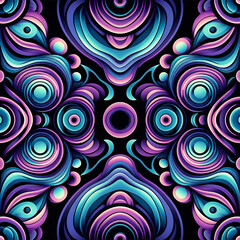 Fototapeta na wymiar An abstract pattern with repetitive geometric shapes and vibrant colors, consisting of circles and curved shapes creating a visual illusion of movement, with shades of purple, blue, and teal against a