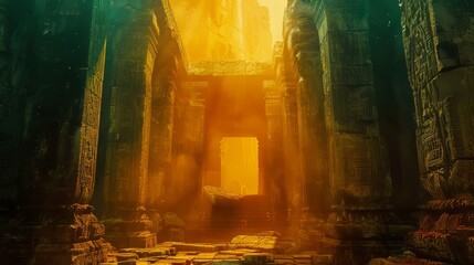 Awe inspiring 3D glow illuminating an ancient temple or ruins