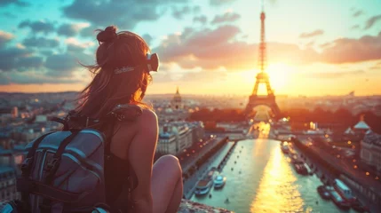 Foto op Canvas backpacker woman with the eiffel tower in daytime background © Marco