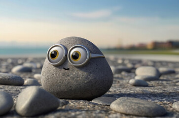 Gray smooth smiling Pet rock with googly eyes stuck to it on airport background. The concept of hobbies, caring for pets, fighting loneliness and stress, traveling together. AI generated