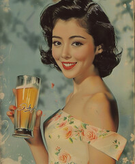 架空の昭和時代／ビールCMポスター　Old nostalgic commercial image. A commercial in which a Japanese actress smiles while holding a beer.