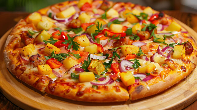A pizza with pineapple and onions on it sits on a wooden board