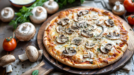 A pizza with mushrooms on it is on a wooden table - obrazy, fototapety, plakaty