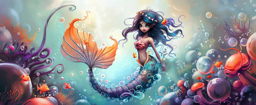 A mystical mermaid with a whimsical and colorful illustrator style