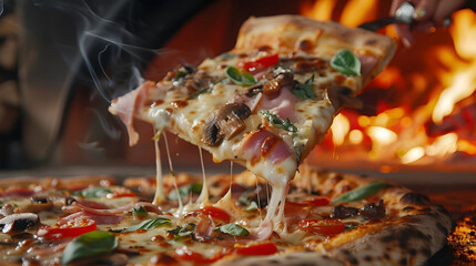 A slice of pizza with cheese and toppings is being pulled out of a pizza oven
