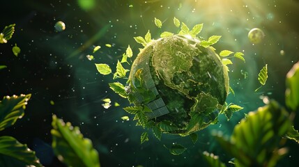 Conceptual artwork of a green planet with leaves transforming into solar panels, symbolizing the transition to clean energy