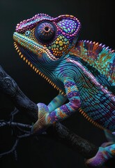 Colorful chameleon blending into dark background while sitting on branch in isolated room with black backdrop
