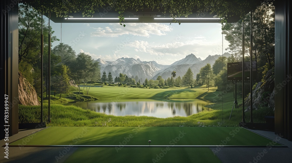 Wall mural view of golf course simulator with mountains in background from building. golf simulator