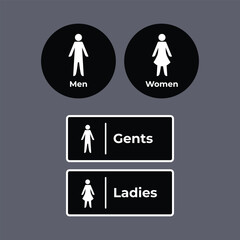 Men women and gents ladies toilet sign age icon vector illustration set bundle isolated on square gray background. Simple flat monochrome black and white drawing.