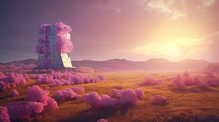 A futuristic building with pink flowers growing on it. The sky is a mix of pink and orange, and the sun is setting. Scene is peaceful and serene, with the flowers - obrazy, fototapety, plakaty