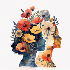 Contemporary art collage of female faces with floral design elements.