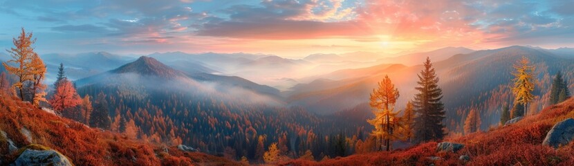 Wide angle panorama of a mountain landscape against sunset sky. - obrazy, fototapety, plakaty