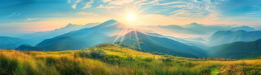 Foto op Plexiglas Wide angle panorama of a mountain landscape against sunset sky. © Valeriy