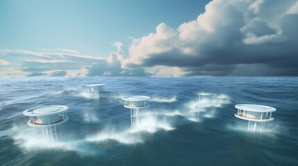 A group of floating buildings are seen in the ocean. The sky is cloudy and the water is choppy - obrazy, fototapety, plakaty