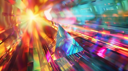 Digital artwork featuring a holographic prism refracting light rays - obrazy, fototapety, plakaty