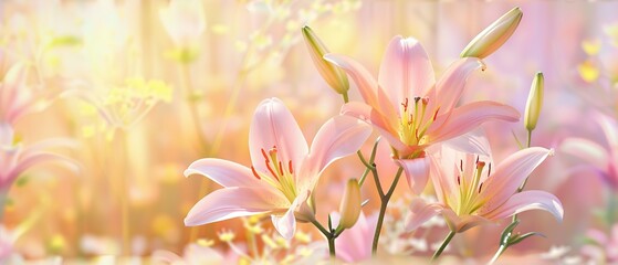 Beautiful blooming lily flower minimalist fantasy background, A bouquet of lilies in a vase in daylight, fresh light pink yellow white color lily flower poster nature background,