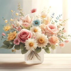 It features a beautiful arrangement of various flowers in soft pastel colors.