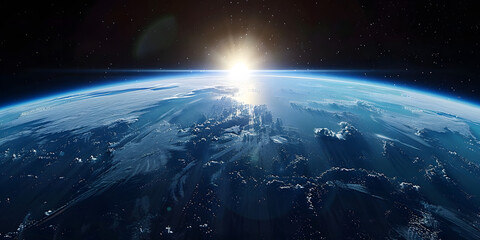 wide shot of the earth from space, blue horizon, black sky, bright sun in upper left corner, cinematic - obrazy, fototapety, plakaty
