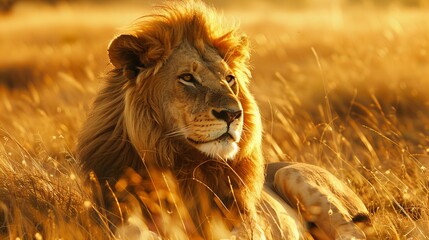 male lion in the wild lying in grassland at golden hour