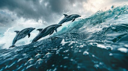 dolphins jumping out of blue ocean water over white waves