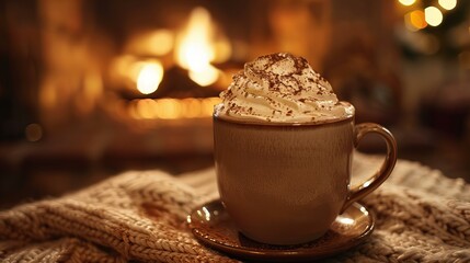 steaming mug of hot cocoa topped with a generous dollop of whipped cream and a sprinkle of cocoa powder, perfect for warming up on a chilly winter evening by the fireplace