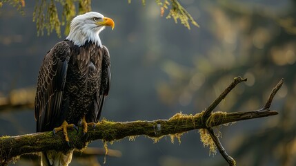 majestic bald eagle perching on moss-covered branch against blurred greenery; wildlife symbol of usa 