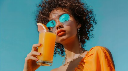curly haired fashion model in sunglasses drinks orange juice; concept of drinking, party and alcohol