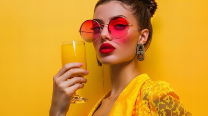fashion model in rose-tinted glasses drinks orange juice; concept of drinking, party and alcohol