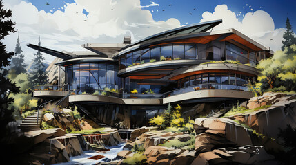 A Contemporary Architecture Of Ocean View Ultra Luxury House with Beautiful Glass Windows Oil Pianting