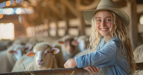 Fototapeta na wymiar A cute blonde girl wearing an oversized blue shirt and plaid pants is standing in front of her flock inside the pen on the farm smiling at the camera