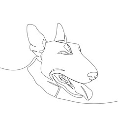 Bull Terrier dog breed, English dog one line art. Continuous line drawing of friend, dog, doggy, friendship, care, pet, animal, family, canine.