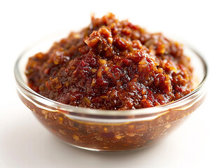 Sambal isolated on white background. It is made from chilies that have been finely ground and then cooked in a stir-fry.