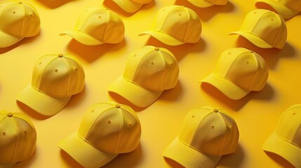 Group of vibrant yellow baseball caps on a matching yellow background 3D ing stock photo