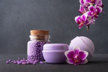 Bath products for wellness and spa with purple orchid flowers