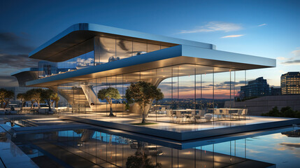 Fototapeta na wymiar Futuristic Modern House with Floor-To-Ceiling Glass Windows