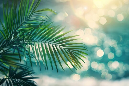 Blur beautiful nature green palm leaf on tropical beach with bokeh sun light wave abstract background. Copy space of summer vacation and business travel concept - generative ai