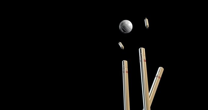 White Cricket Ball Bowled Stump Bails Impact 360 Degree Rotation Animation