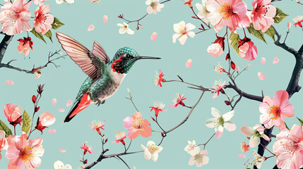 hummingbird and flowers on green background