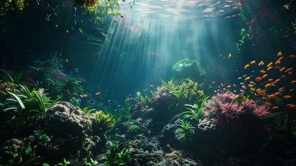 Fototapeta na wymiar A mystical underwater world teeming with vibrant coral reefs, exotic fish, and swaying sea plants, illuminated by shafts of sunlight filtering down from the surface above.