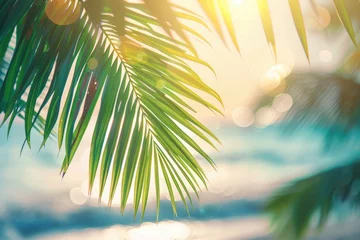 Fototapeten Blur beautiful nature green palm leaf on tropical beach with bokeh sun light wave abstract background. Copy space of summer vacation and business travel concept - generative ai © Nia™