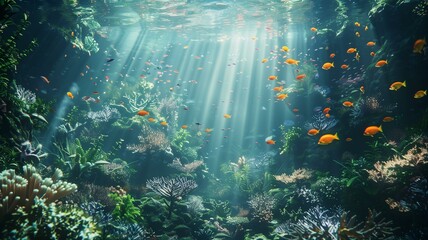 Obraz na płótnie Canvas A mystical underwater world teeming with vibrant coral reefs, exotic fish, and swaying sea plants, illuminated by shafts of sunlight filtering down from the surface above.